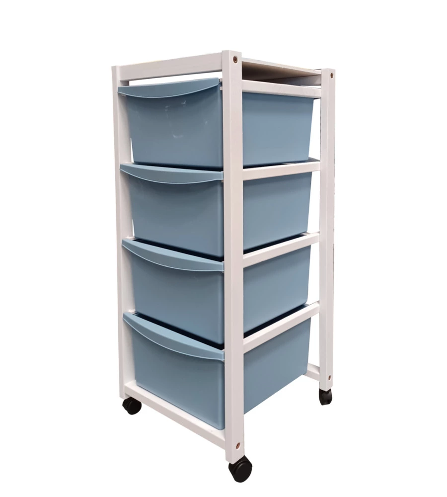 CARRELLO IN LEGNO BIANCO CON CASSETTI BLU, 37,5X36,5X82 CM